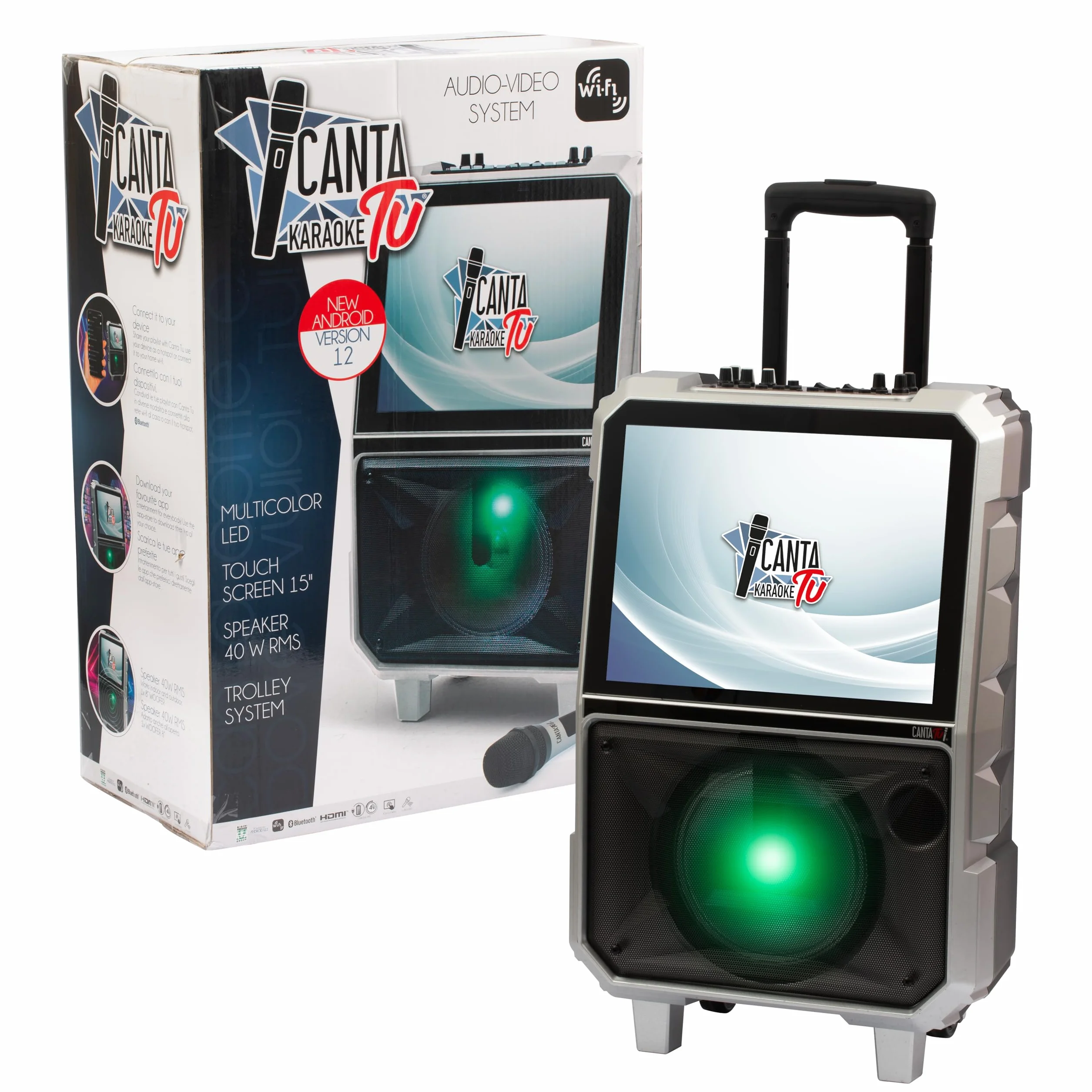 Canta Tu Karaoke 1.5 2024-Karaoke Professionale Con Microfono Wireless, Nuovo Sistema Operativo, Display Touch Più Ampio,Connessione Wi-Fi, Effetti Vocali, Batteria Ricaricabile,Voice Changer, Argento