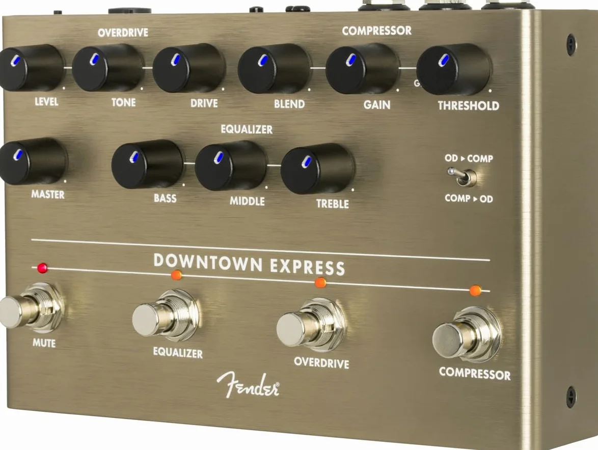 Fender Downtown Express Pedale Multi-Effetto per Basso, Compressore, Overdrive, EQ a 3 Bande, Uscita Diretta, Manopole Retroilluminate a LED, Interruttore Ordine Effetti
