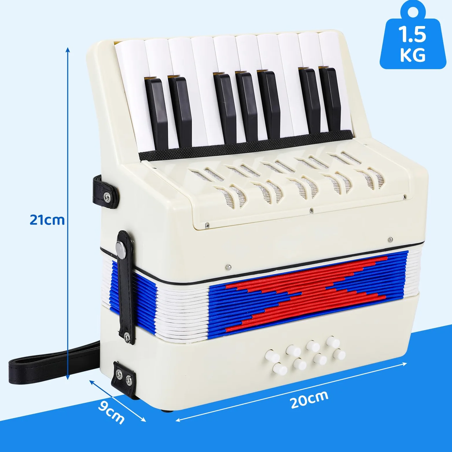 Fisarmonica per Bambini,17 Tasti 8 Bassi,Organetto professionale cinghie regolabili,Fisarmonica a Bottonicon per adulti e bambini dai 3 anni,Concertina strument musicale regalo per principianti,bianco