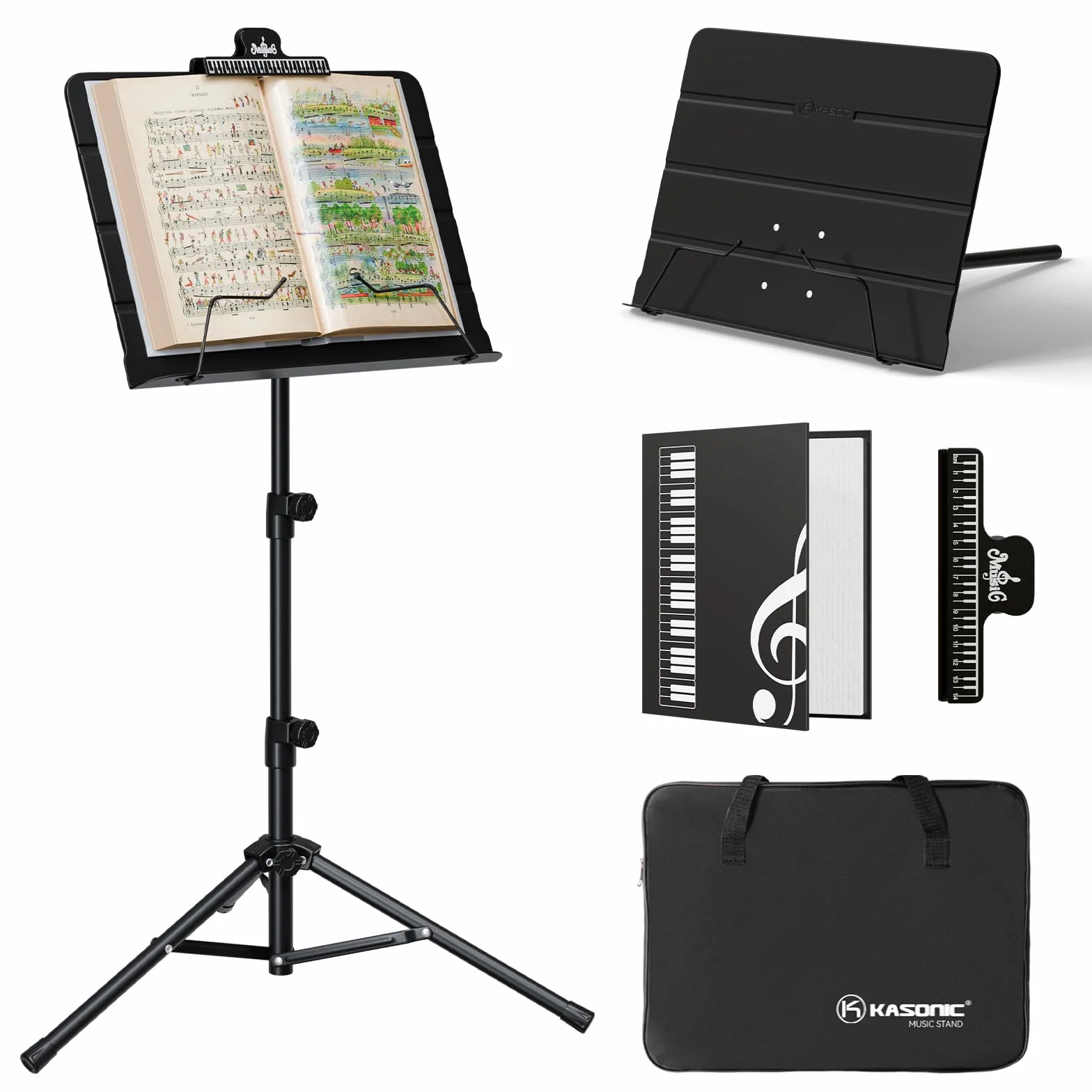 K KASONIC Leggio per spartiti pieghevole a doppio uso 2 in 1 e supporto per libri da tavolo con borsa da trasporto portatile e supporto per clip per spartiti