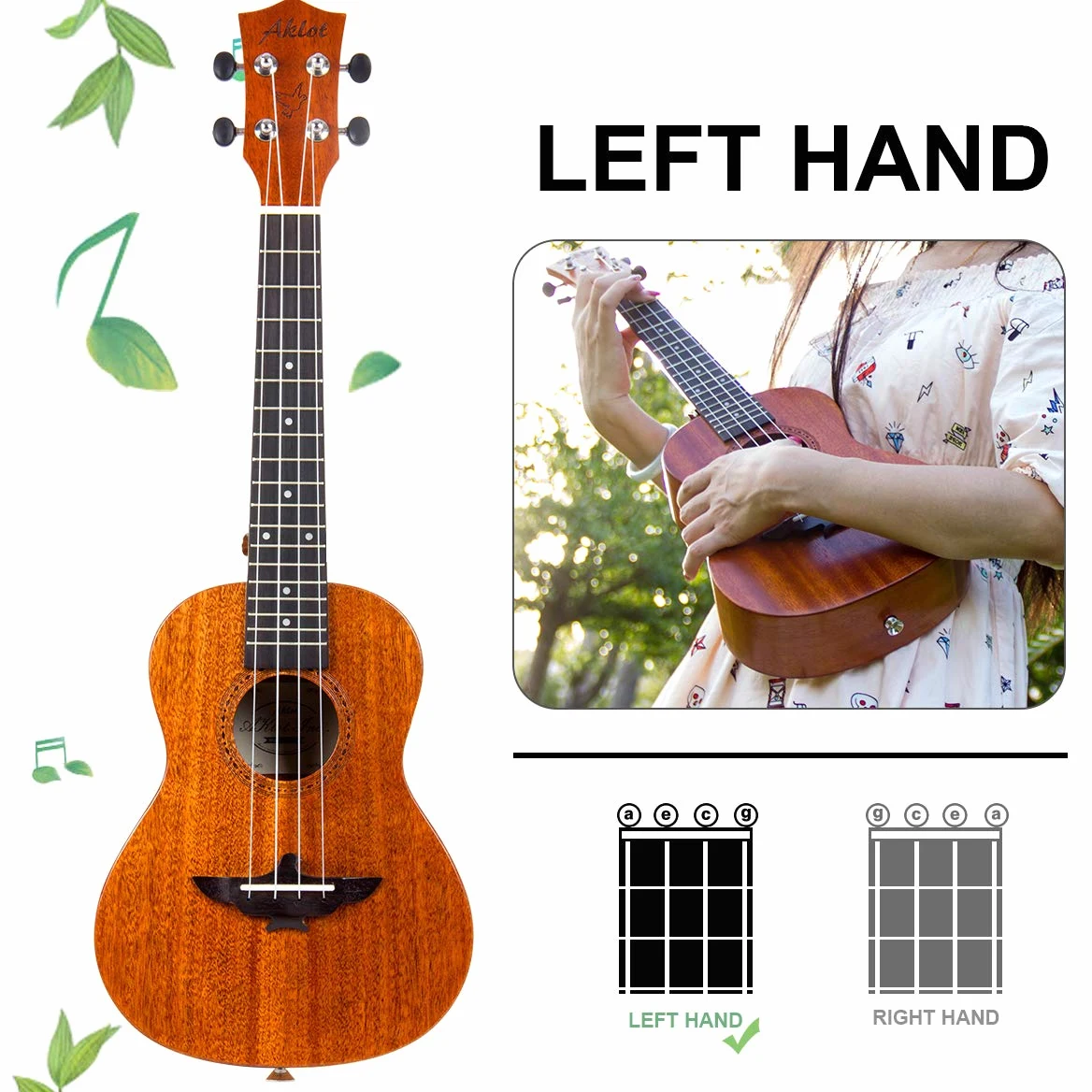 AKLOT Ukulele da concerto per mancini in mogano massello, 23 pollici Uke con tutorial e kit per principianti (custodia, plettri, accordatore, cinghia, corda, panno di pulizia)