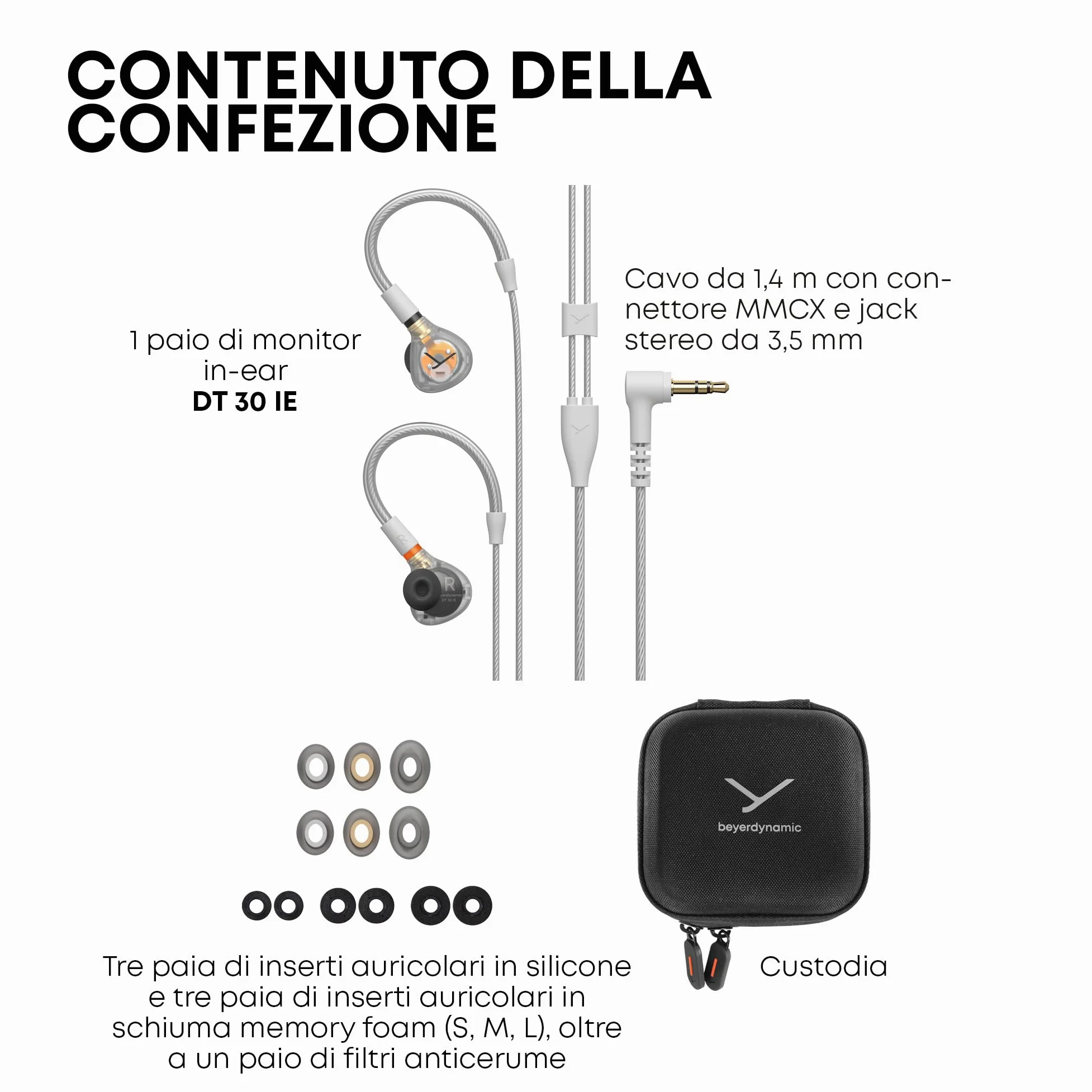 beyerdynamic DT 30 IE monitor in-ear professionale per palco e sala prove | Isolamento passivo fino a 39 dB, vestibilità ergonomica, cavo MMCX rimovibile, trasparente