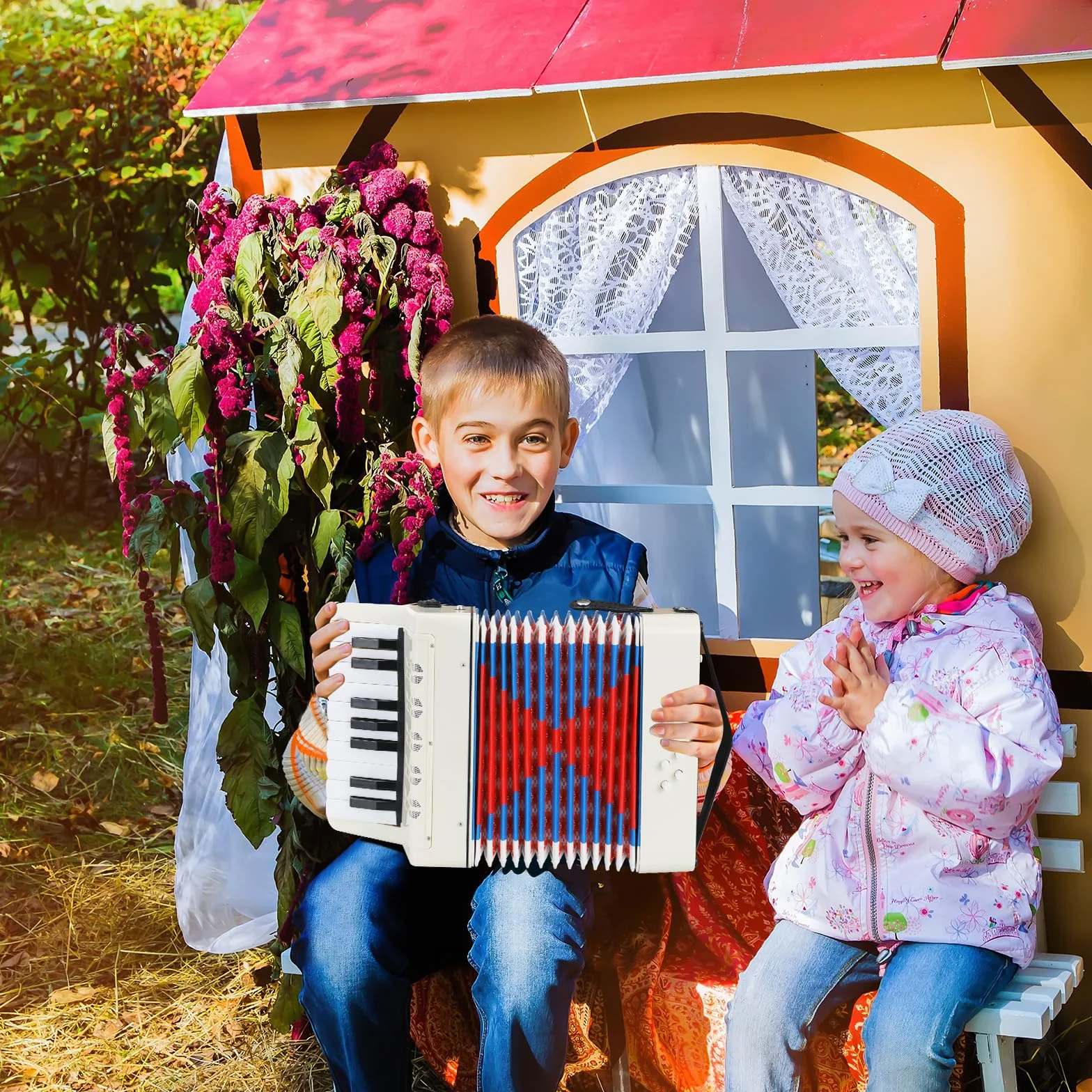 Fisarmonica per Bambini,17 Tasti 8 Bassi,Organetto professionale cinghie regolabili,Fisarmonica a Bottonicon per adulti e bambini dai 3 anni,Concertina strument musicale regalo per principianti,bianco