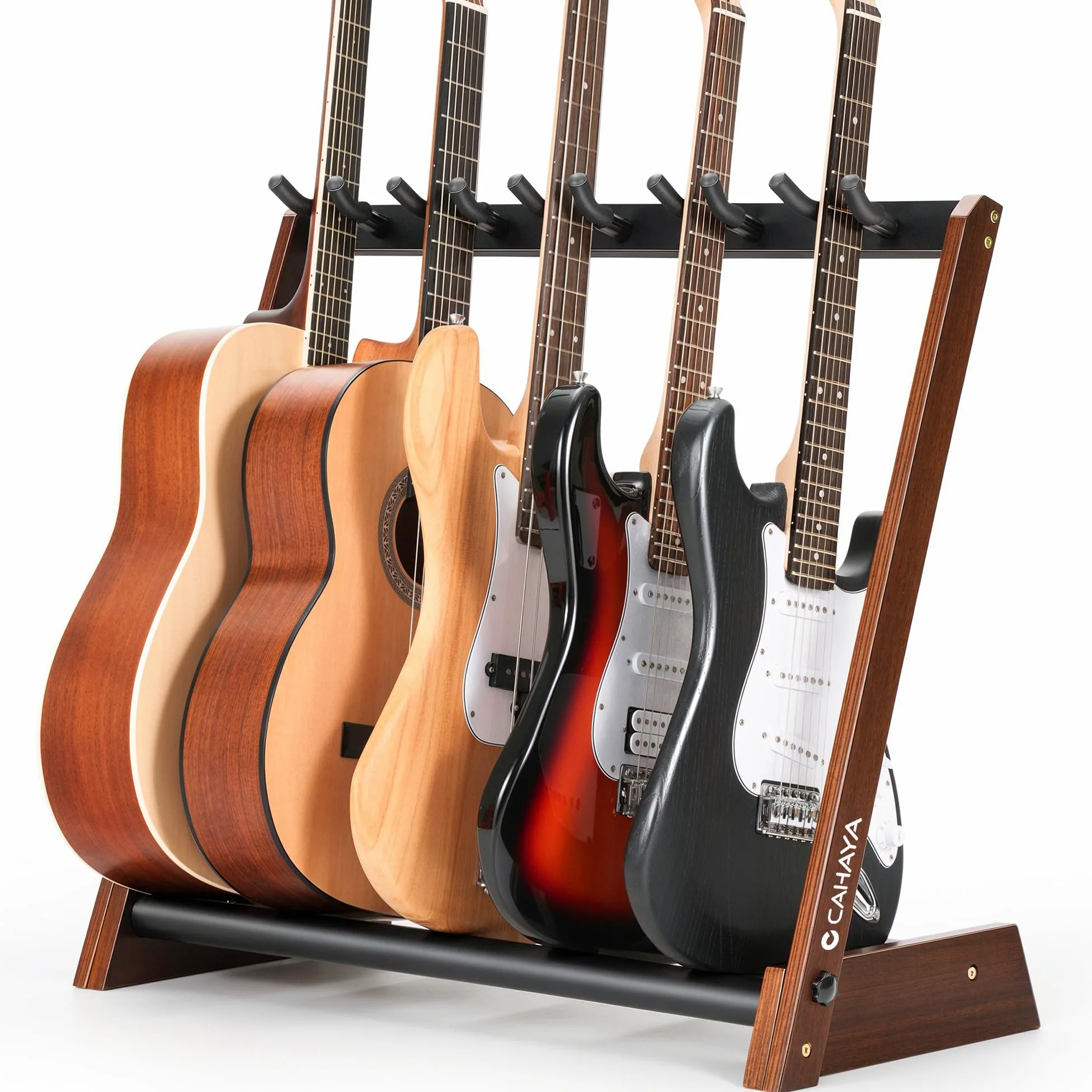 CAHAYA Supporto Multi Chitarre in Legno - Stand da Pavimento per 5 Chitarre Pieghevole e Portatile per Chitarre Acustiche, Elettriche, Classiche e Basso - Espositore per Casa e Studio