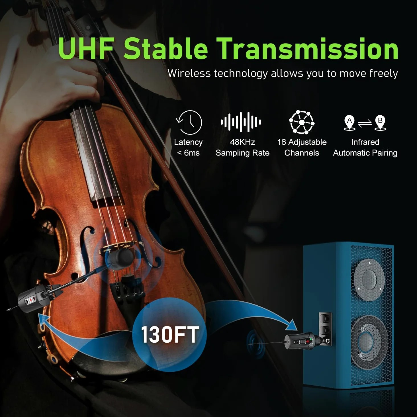 UHF Violin Wireless Microphone Pick Up Gooseneck Instrument Clip-on Mic Trasmettitore e ricevitore per altoparlanti attivi, sistemi PA attivi, VT-5