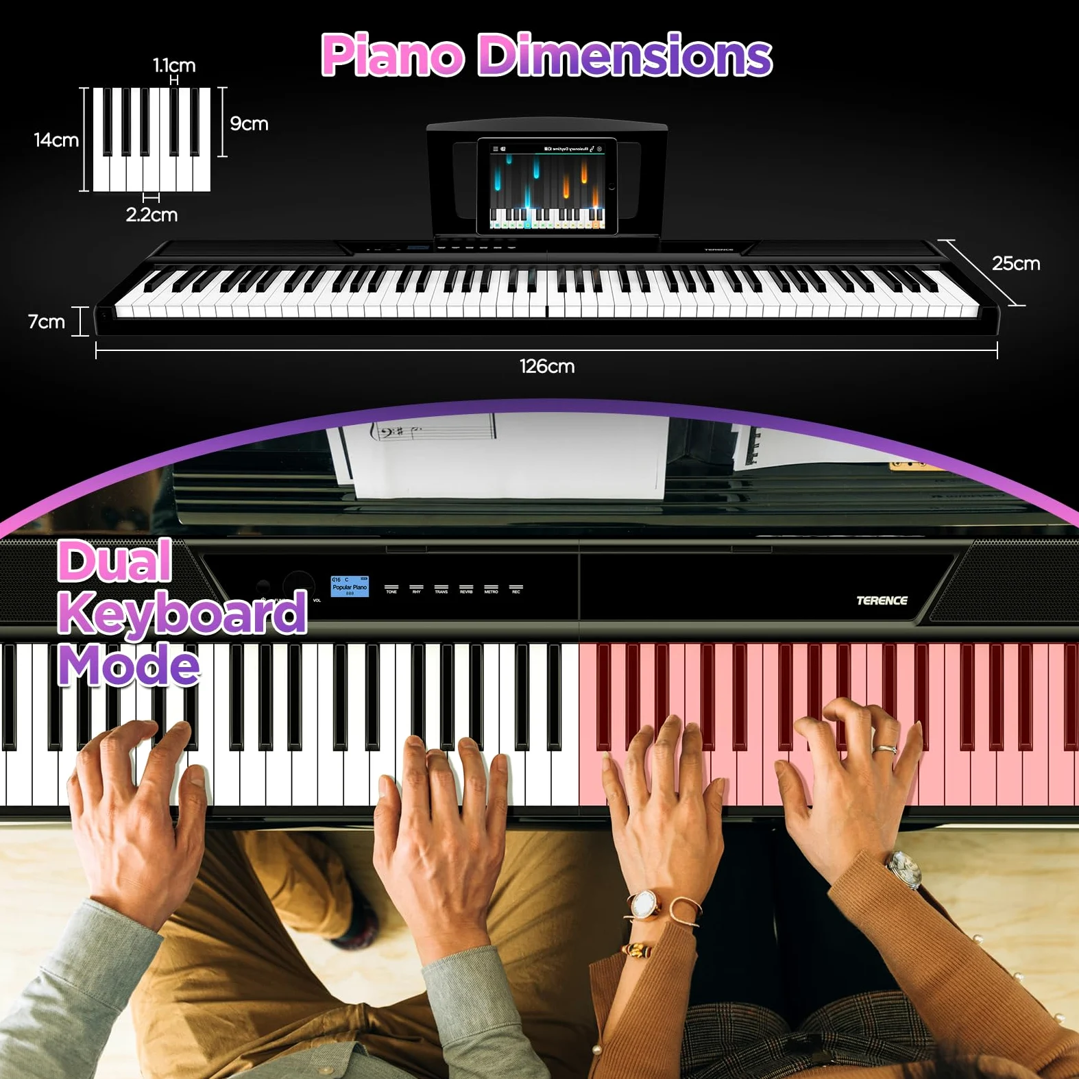 TERENCE Pianoforte Digitale 88 Tasti Tastiera Dinamica Pesata 2 x 15W di Altoparlanti Pannello di Controllo Tattile Funzione di registrazione video Supporto per Cuffie e Altoparlanti Esterni