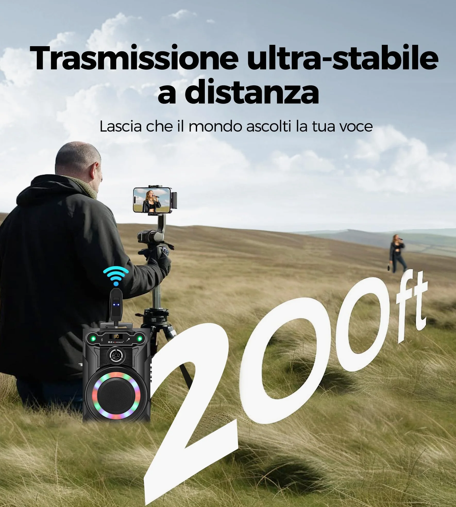 MAILANGSHI Microfono Wireless, sistema di microfono cordless portatile doppio in metallo ricevitore ricaricabile, durata 50ore, portata 200 piedi, microfoni per karaoke per canto karaoke (Grigio)