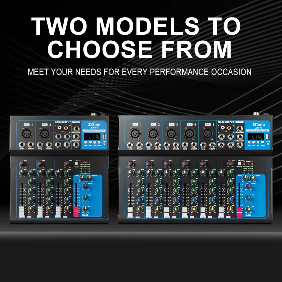 Professional Audio Mixer for keyboard guitar mics with Bluetooth, 4/7/10 Channel Mixing Console with USB Clean Audio Interface,Ideal for Rehearsals,Church and Karaoke live show (ZM-F4)