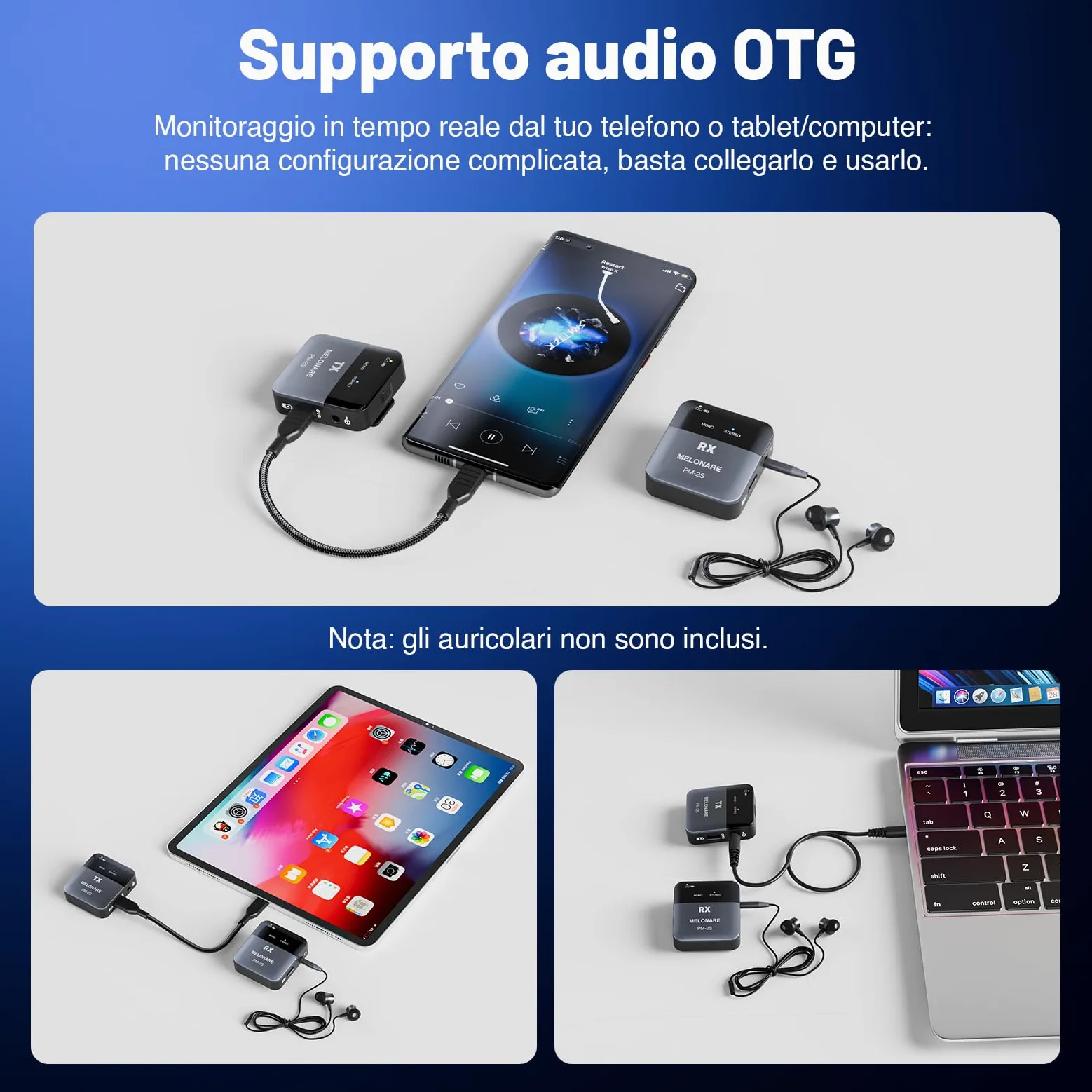 MELONARE PM-2S Sistema di monitoraggio wireless portatile in ear, interruttore mono/stereo, trasmettitore e ricevitore wireless, audio 24bit/48kHz, ingresso OTG, IEM per spettacoli dal vivo
