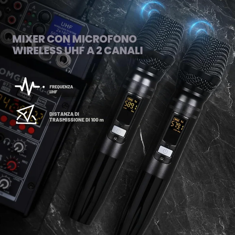 BOMGE Mixer audio karaoke 04E, mixer a 4 canali con doppio microfono wireless UHF, console audio MP3, Bluetooth 48 V, alimentazione phantom, interfaccia audio USB, mixaggio per DJ per feste, computer,