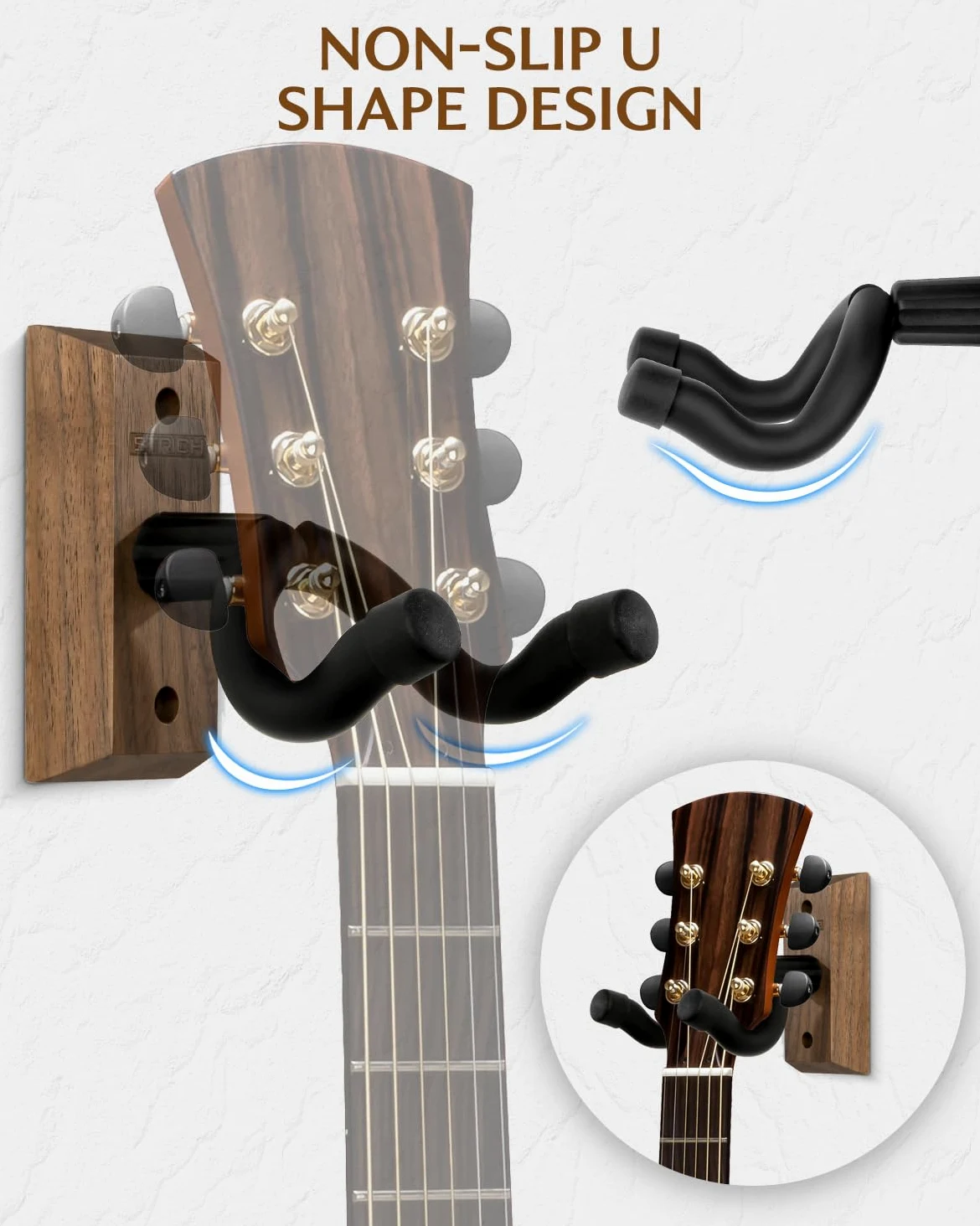 STRICH - Supporto da parete per chitarra, in legno di noce nero, gancio a U per chitarra acustica ed elettrica, basso, ukulele, violino, mandolino, banjo (confezione da 3)