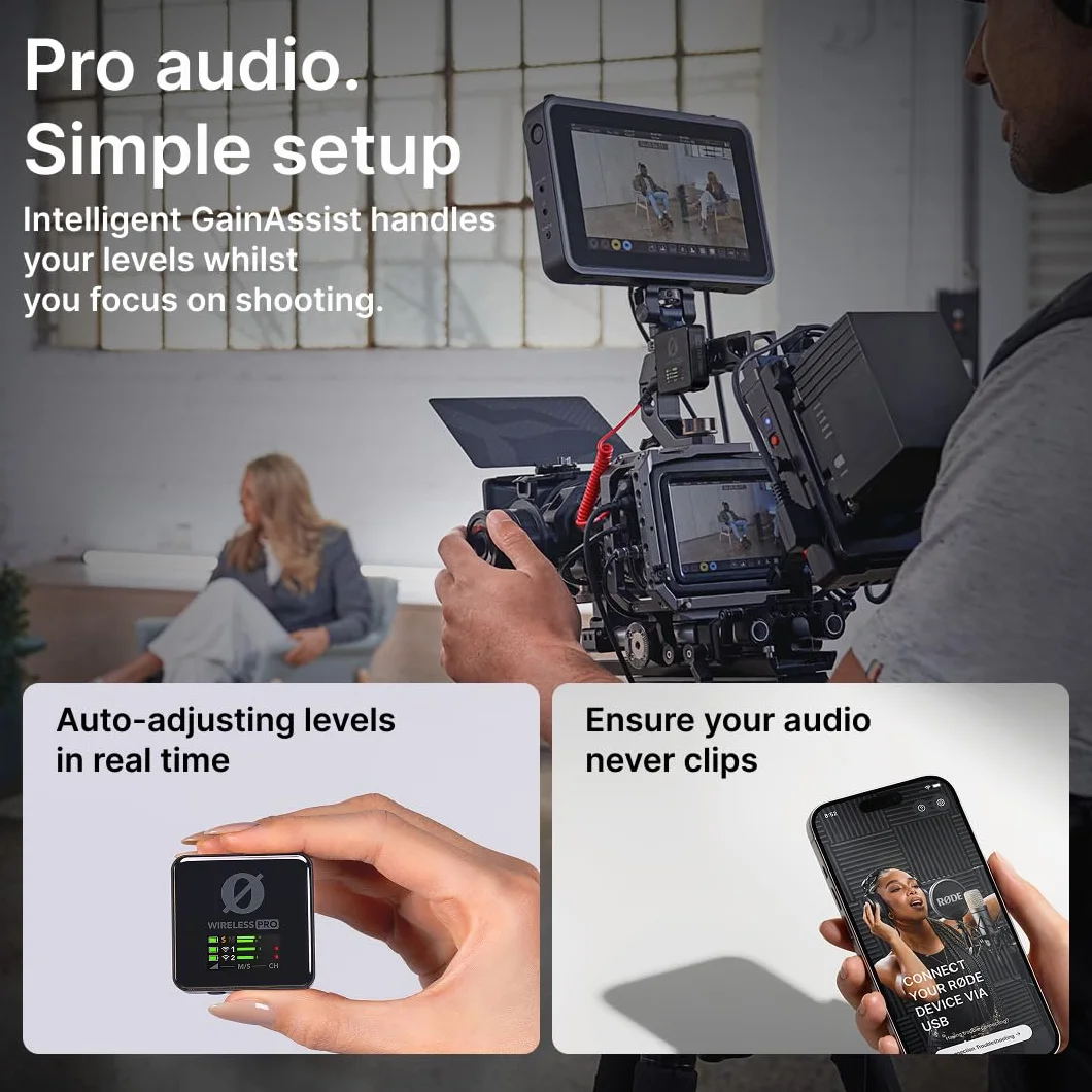 RØDE Wireless PRO, sistema microfonico wireless compatto con timecode, registrazione integrata a 32-bit float, 2 microfoni lavalier e custodia di ricarica smart per filmmaking e creazione di contenuti