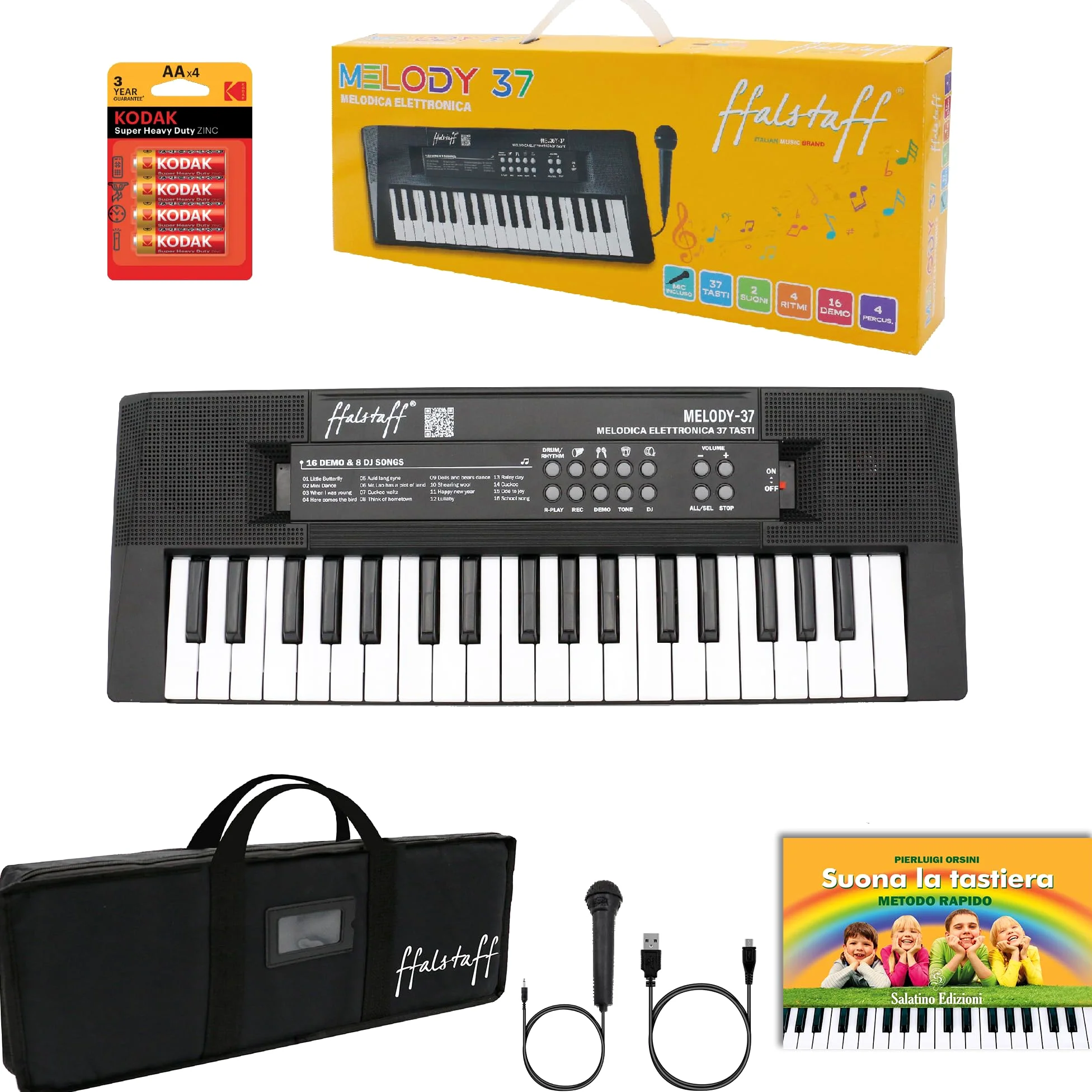 Melodica Elettronica ffalstaff 37 mini tasti con borsa con tracolla, Batterie Stilo e E-book "Suona la Tastiera" - Ottimo kit concepito per proteggere il tuo strumento durante il trasporto