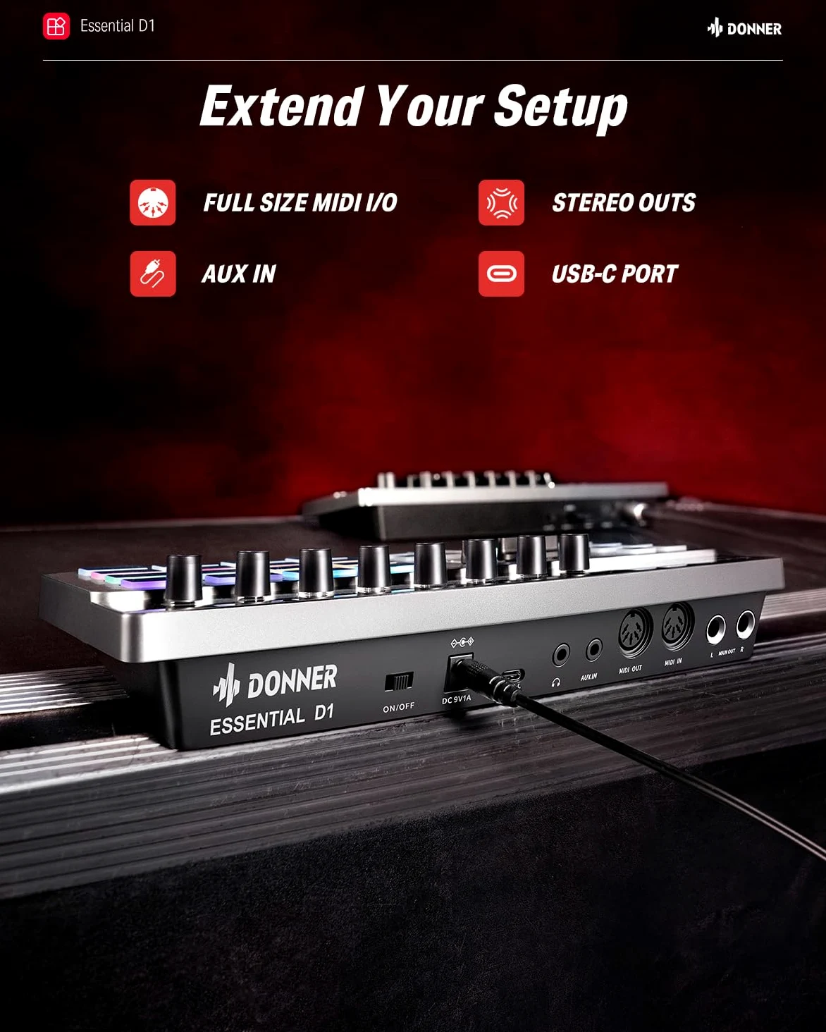 Donner Essential D1 Finger Drum Machine & Step Sequence Combinato, Boast Color-Coded UI, 12 tracce Sample, 16 RGB Beat Pad, 64 Modelli di Battitura Preimpostati, 5 Encoder Senza Fine