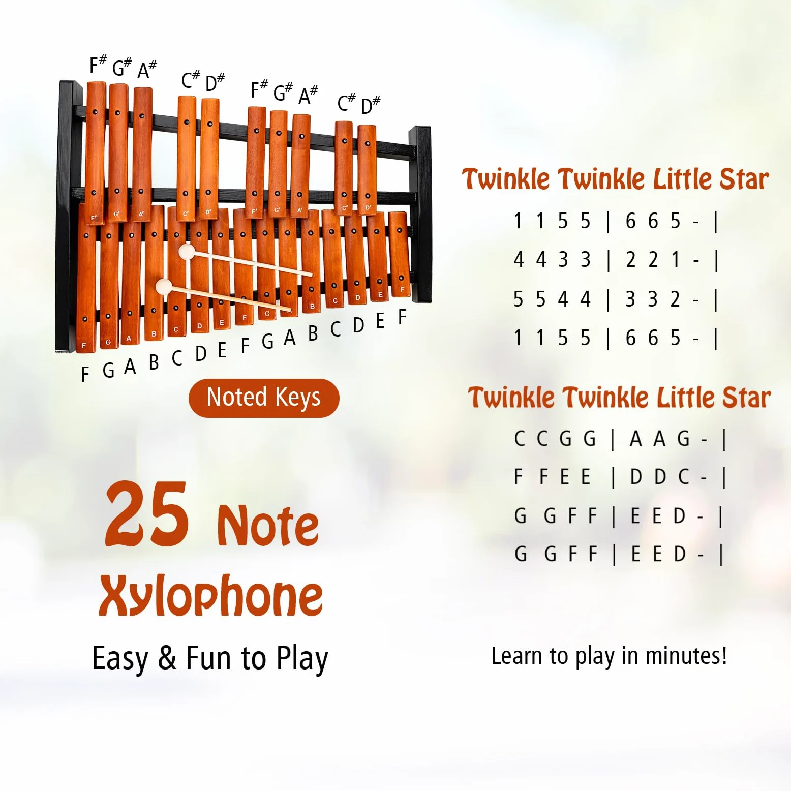 KOMFOTTEU Xilofono 25 note in legno, con 2 bacchette, strumento a percussione a mano, con custodia per il trasporto, strumento musicale per bambini e adulti