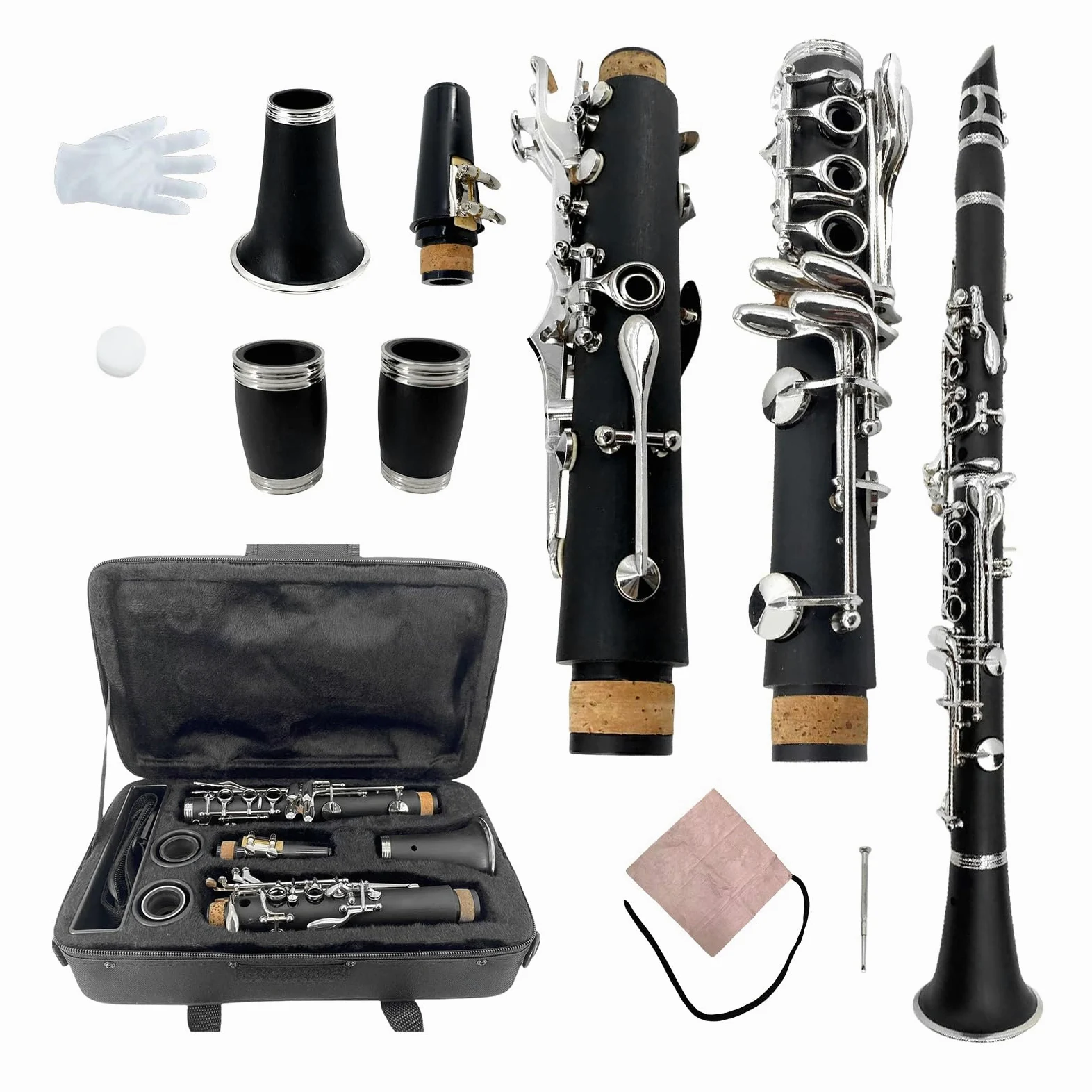 Clarinetto in Ebonite Nero con Chiave di Do, 17 Tasti Nichelati, Borsa da Trasporto e Kit di Cura Professionale Clarinetto di Tuning C con 2 Barre per Principianti e Orchestrine Include