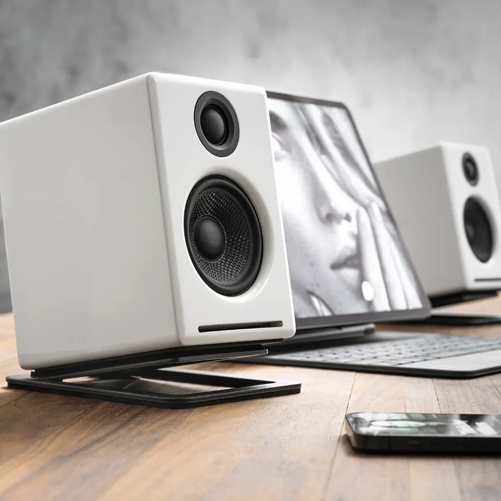 Audioengine DS1M Metal Speaker Stands Pair - Tilted Steel Desktop Speaker Stands for Small Speakers, PC Speakers, Gaming Speakers, and Studio Speakers - Black (Pair)