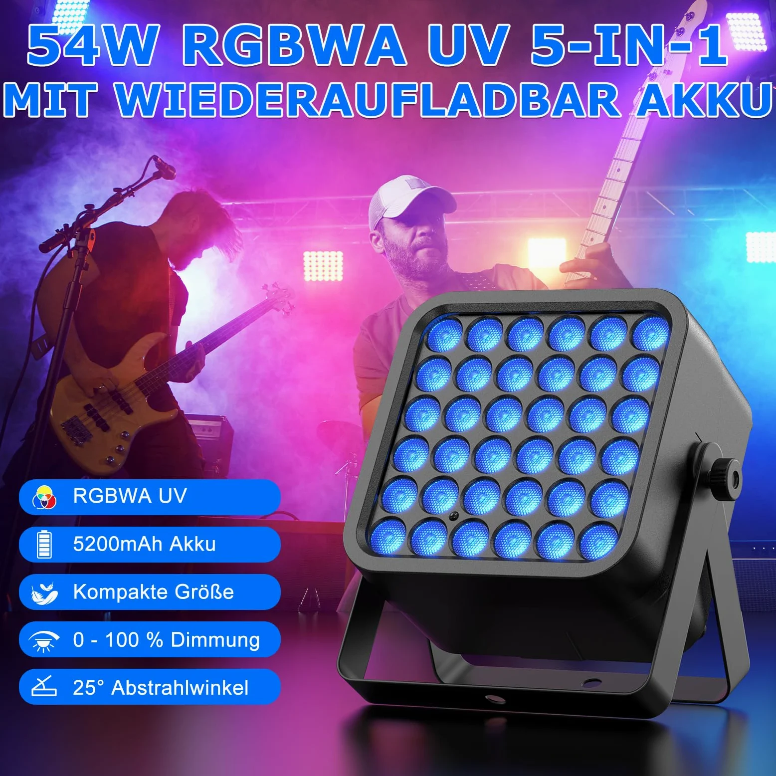 2PCS 54W Par LED Batteria RGBWA UV, 5200mAh Ricaricabile 36 LED Luci da Palco con Telecomando, Luci di Scena 4-6 Ore per Esterni Discoteca Matrimoni Bar Spettacolo Halloween Natale