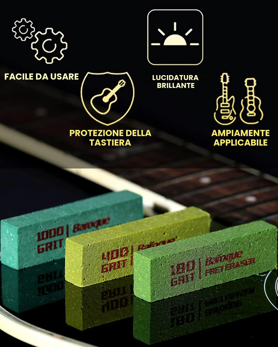 Set di 3 gomme barocche per chitarra, pulizia per la lucidatura dei tasti | kit di strumenti per la pulizia dei tasti, filo per tasti/corda/metallo, set di 3 (grana 180 e 400 e 1000)