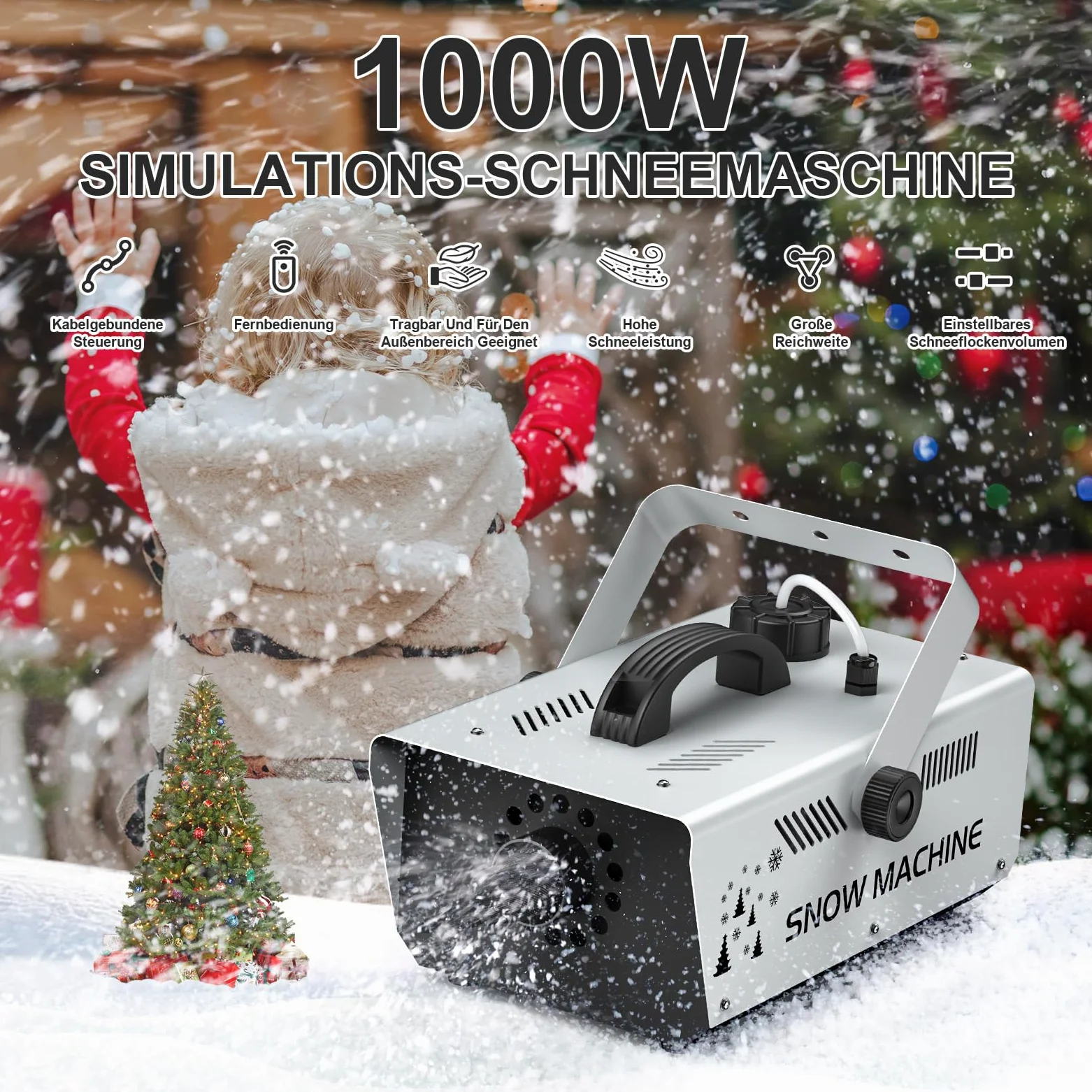 Macchina per Schiuma 1000W, Macchina per neve con telecomando e controllo via cavo, serbatoio da 1 litro per Natale, matrimoni, fotografia, feste, palchi per bambini, sfilate
