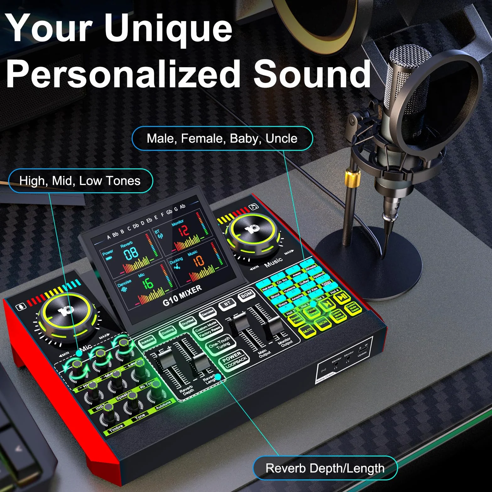Denoise (P15) - Set di attrezzature per podcast con microfono a condensatore da 3,5 mm per pc/telefono, live streaming, canto e registrazione di musica, mixer audio con scheda audio dal vivo, scheda