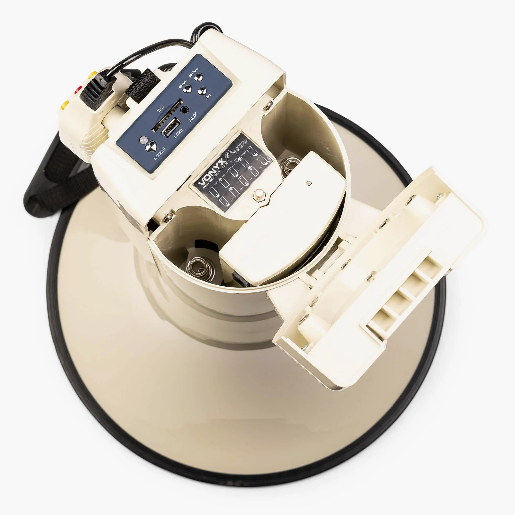 Vonyx MEG150 - Megafono professionale da 150 W con batteria ricaricabile, sirena e microfono, Bluetooth, funzione di registrazione, portata fino a 2000 metri, USB, SD, MP3 e AUX, cinghia, colore beige