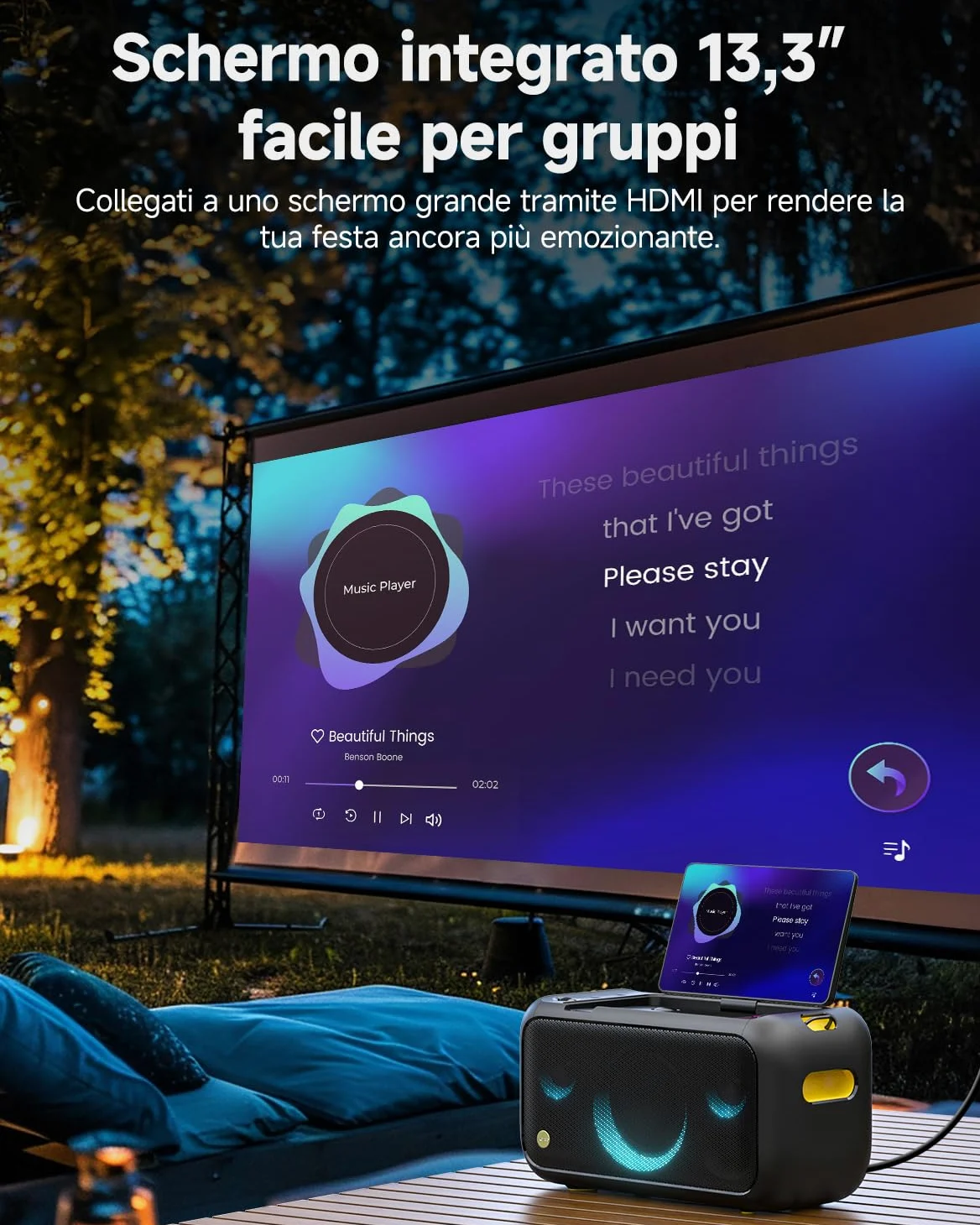 Ikarao Break X1 Macchina Karaoke con Schermo Touch 13,3", Altoparlante Bluetooth 800W, 2 Microfoni Wireless e Luci LED – Perfetta per Feste, Serate in Famiglia ed Eventi con Design Moderno