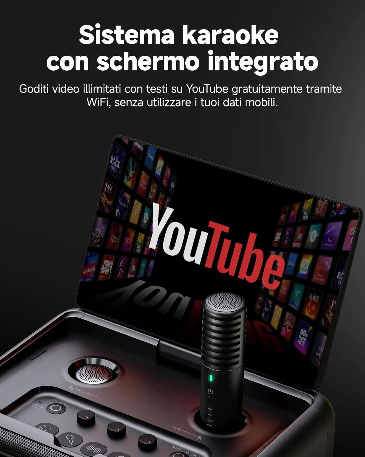 Macchina per karaoke per adulti con display testi, schermo 13,3 pollici, karaoke tutto in uno 2 microfoni wireless (nascosto autocarica), altoparlante