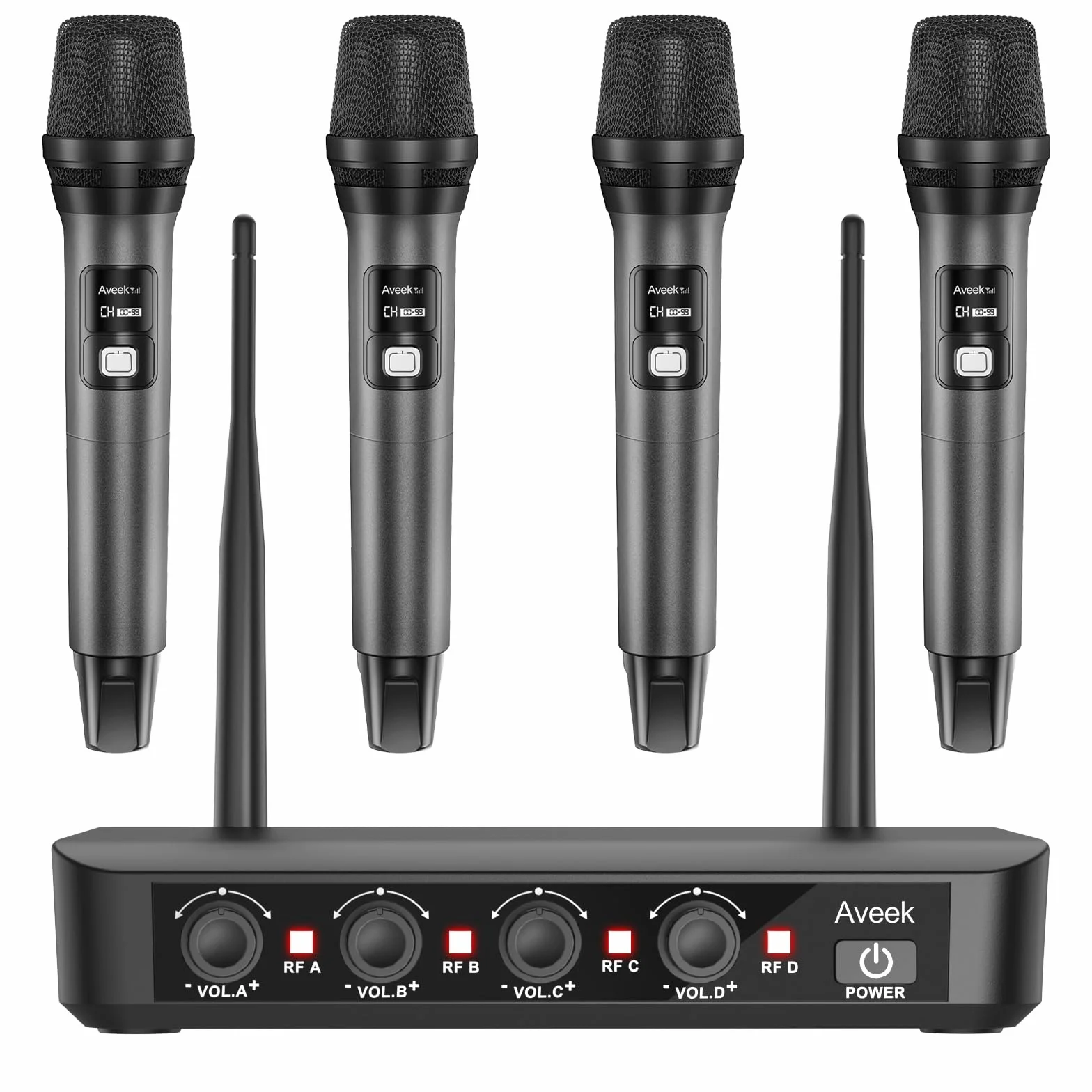 Sistema di microfoni wireless Aveek con 4 microfoni dinamici portatili, portata lunga di 80 m, batteria da 40 ore, suono da studio a bassa latenza per karaoke, canto, discorsi, chiesa, palcoscenico