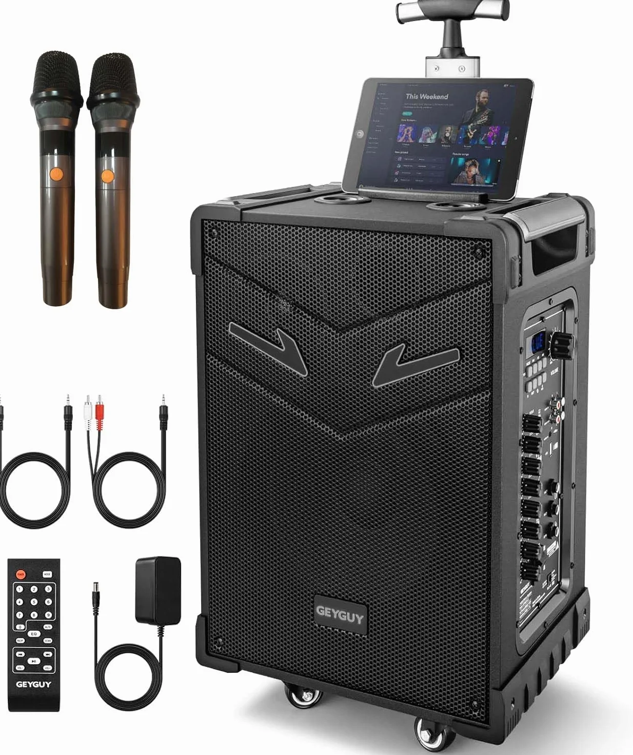 Karaoke con 2 Microfoni Wireless per Adulti, Altoparlante Bluetooth da 10" con potenza di picco di 550W, Sistema PA con TWS per Casa all'Aperto, Ruote Rotanti e Carrello, supporta USB/TF/REC/AUX/FM
