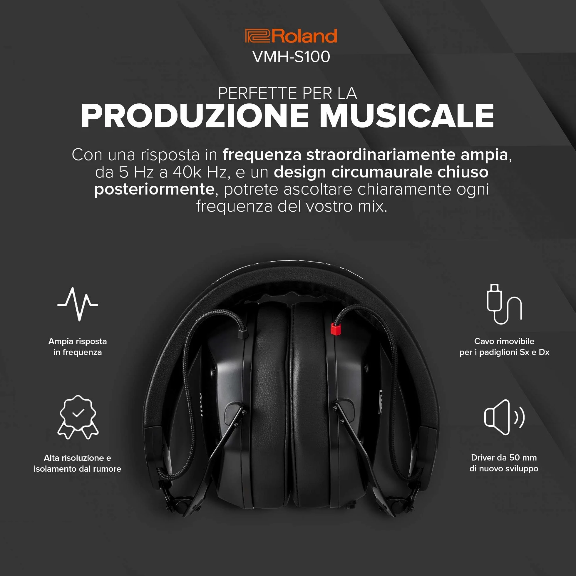 Roland VMH-S100 | Cuffie Circumaurali ad Alta Risoluzione per la Produzione Musicale | Ampia Risposta in Frequenza | Incredibile Isolamento dal Rumore | Driver da 50 mm | Comode e Resistenti