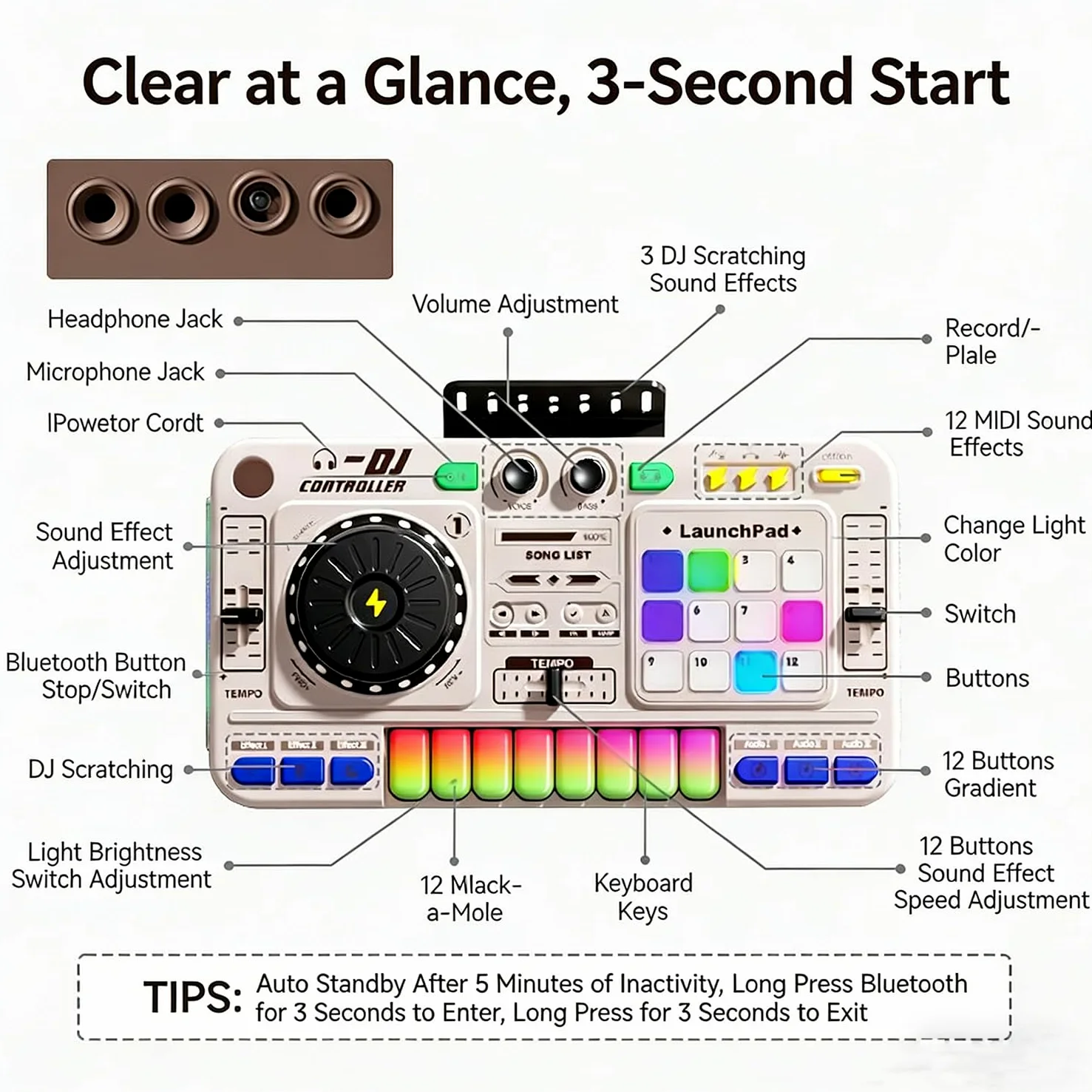 Dj Pult Principianti, Dj Pult Bambini, Dj Mixer Station Portatile Dj, Macchina Dj per bambini, Bluetooth con microfono regolabile, gradiente luminoso, adatto per bambini di età compresa tra 3 e 12