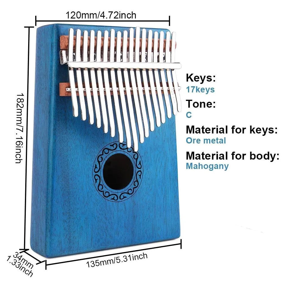Pianoforte Kalimba a 17 tasti, in mogano, strumento musicale, ottima idea regalo, BLUE