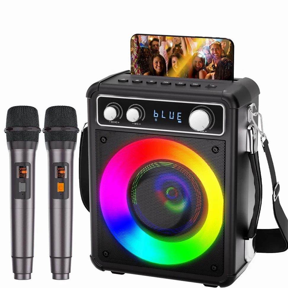 BONAOK Karaoke Machine, Sistema Karaoke Bluetooth con 2 Microfoni, Macchina Ricaricabile per il Karaoke Party, Music Box con Effetto Luci, Supporto TF USB per Home Party
