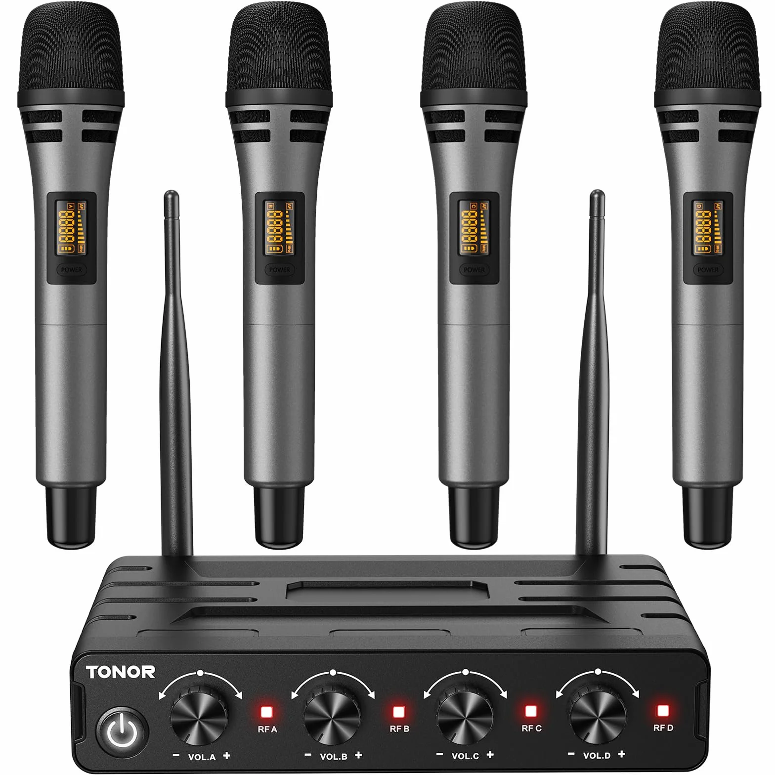 TONOR Microfono Wireless Karaoke con 4x5 Canali, 4 UHF Microfoni Palmare Senza Fili con Portata 60m, Sistema di Microfono Adatto per Canto/Festa/Chiesa/Matrimonio/PA Speaker