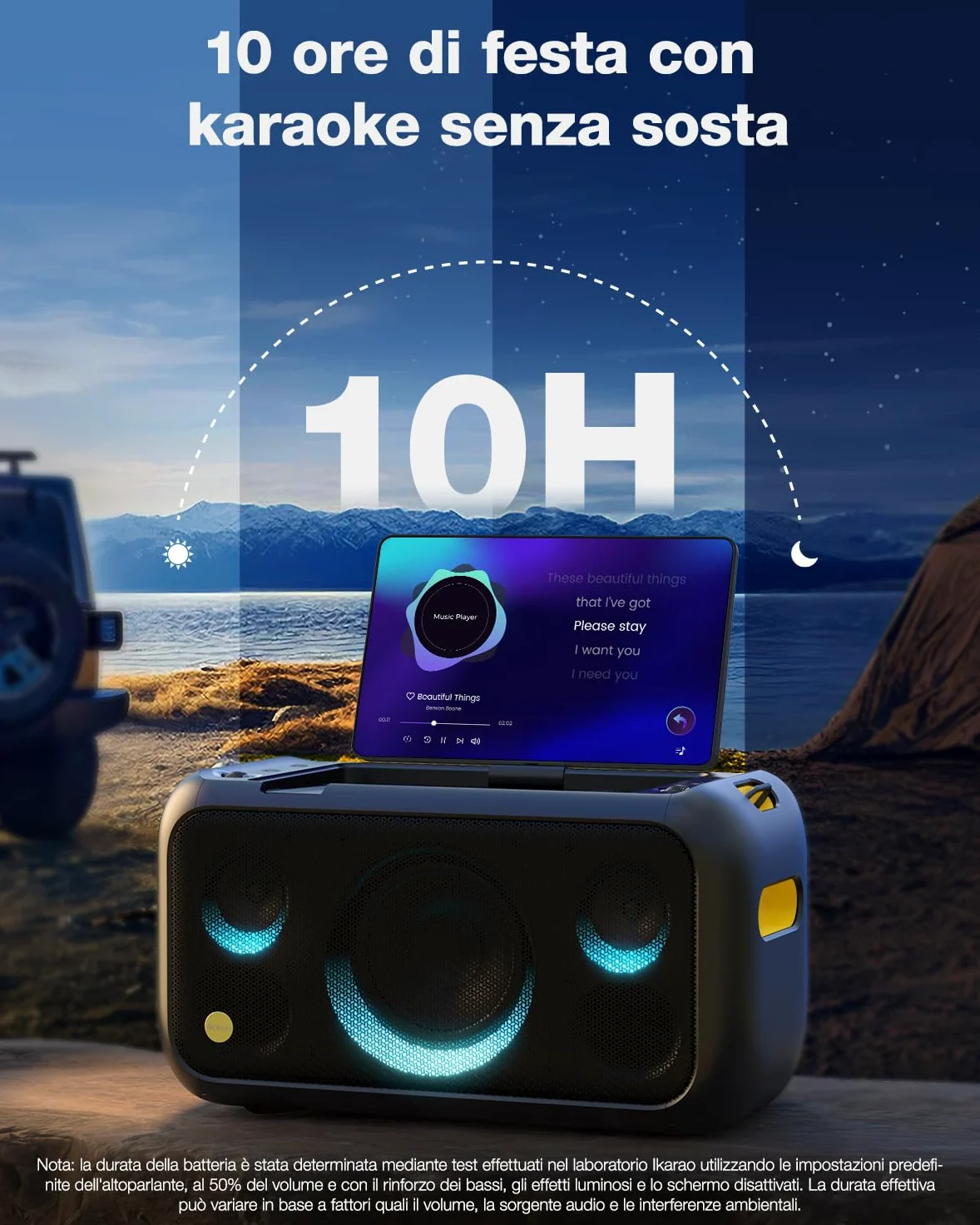 Ikarao Break X1 Macchina Karaoke con Schermo Touch 13,3", Altoparlante Bluetooth 800W, 2 Microfoni Wireless e Luci LED – Perfetta per Feste, Serate in Famiglia ed Eventi con Design Moderno