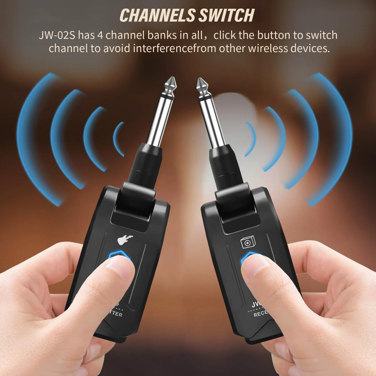 JOYO Sistema di chitarra wireless da 5,8 GHz, ricevitore audio ricaricabile con 4 canali di segnale per chitarra elettrica, basso 20 m (JW-02S)