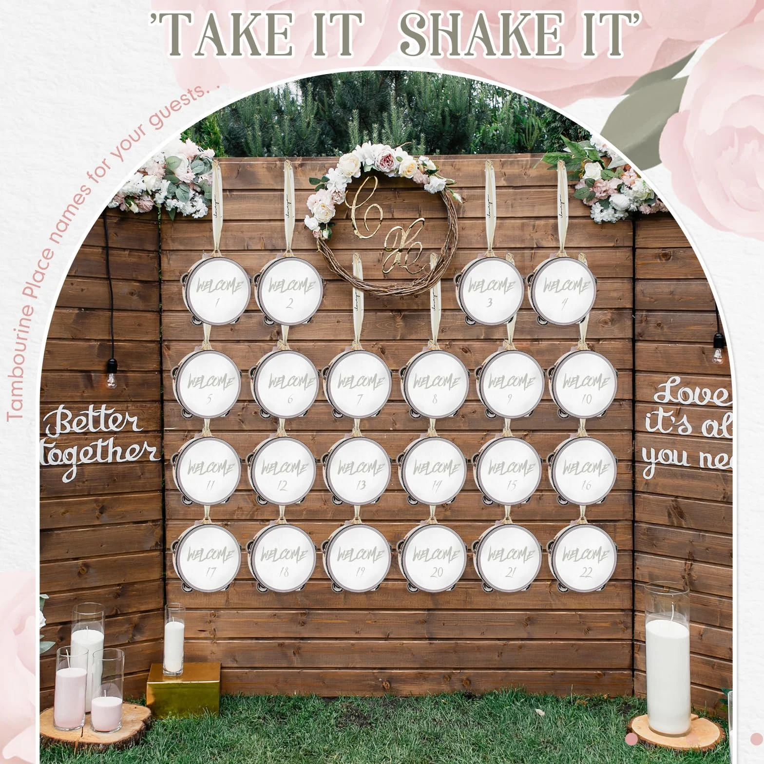 Set di 36 tamburelli da matrimonio da 10,2 cm, per adulti, in legno, con sonagli in metallo, etichette regalo, strumento musicale per chiesa, matrimoni, bomboniere